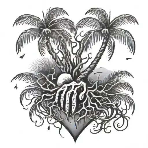 palms holding tree with roots heart rain and hammer  tattoo design idea