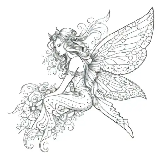 fairy, curves, dot work, beautiful wings, black and white  tattoo design idea