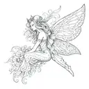 fairy, curves, dot work, beautiful wings, black and white  tattoo design idea