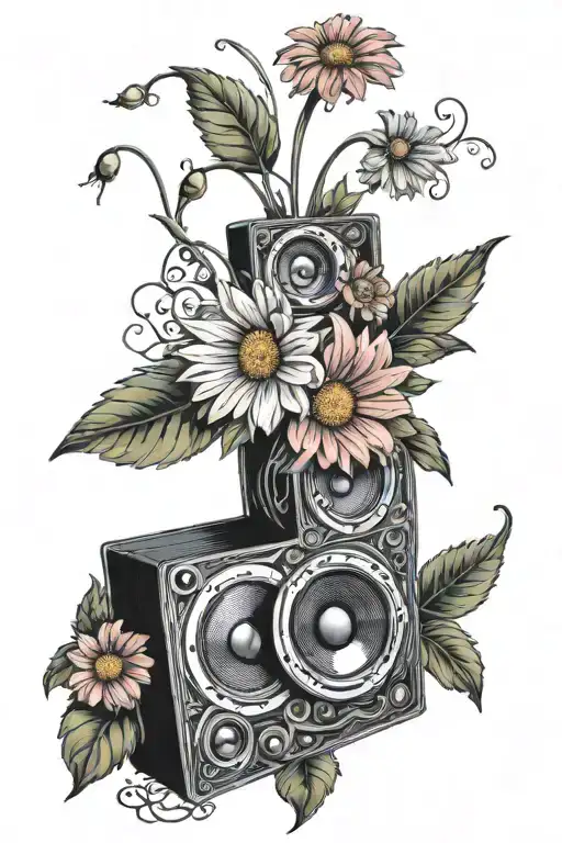 gerbera daisy speakers blasting music tattoo design idea