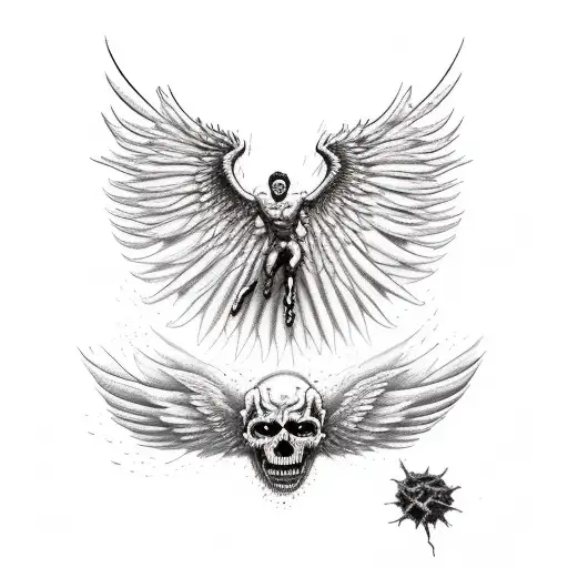 an icarus flying out of the hell full of demons tattoo design idea