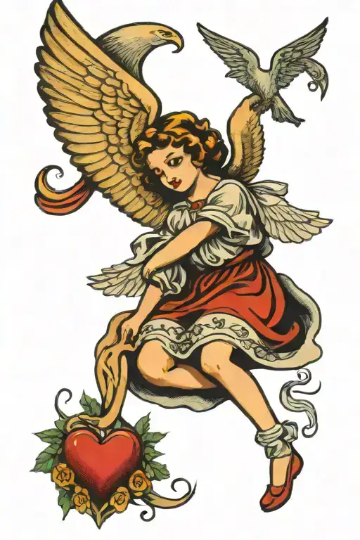 An angel who hugs a wounded heart and cries tattoo design idea