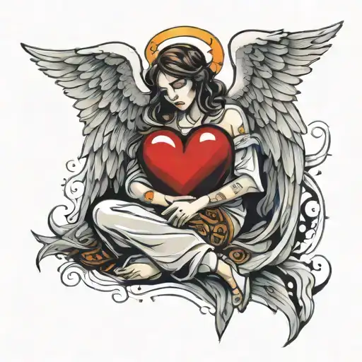 An angel who hugs a wounded heart and cries tattoo design idea