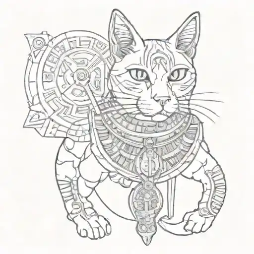 Egyptian cat with Greek armor and pocket watch tattoo design idea