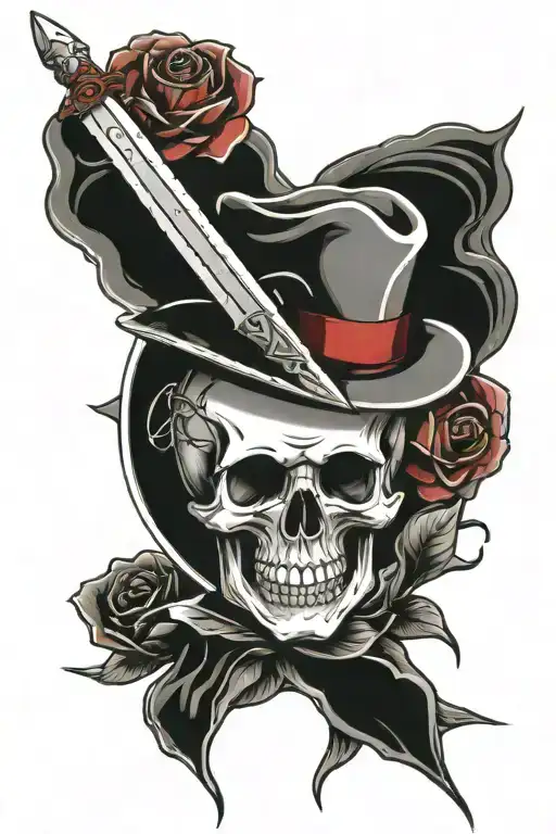 A skull is stuck in the middle with a sword, a snake is wrapped around the sword and is cut, blood is flowing, there are roses around the edges, it has 3 dimensions. tattoo design idea