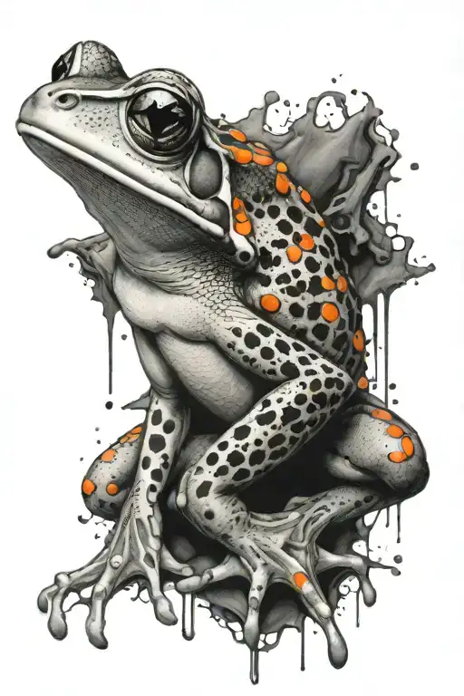 A frog climbing up the subjects body. all black and white except for a few solid orange spots tattoo design idea