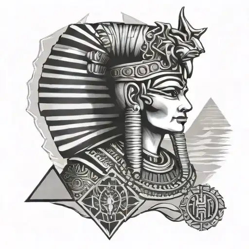 Tutankhamun, Nefertiti, Anubis, Pyramids, Sphinx, Ankh, Eye of Ra, Scarab and hieroglyphs on background tattoo design idea