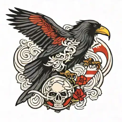 west coast indigenous raven, Japanese wave, Norwegian style, USA and Canadian flags tattoo design idea