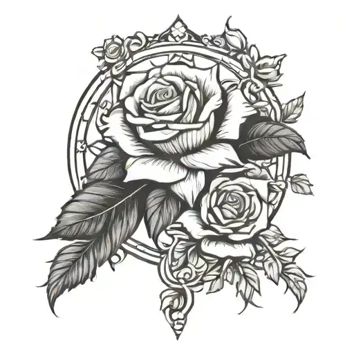 peasant rose in an arch in black and white   tattoo design idea