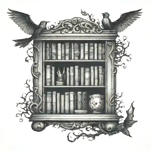 A mysterious dotwork tattoo of a horror-themed bookshelf with hidden creatures tattoo design idea