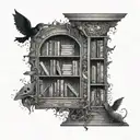 A mysterious dotwork tattoo of a horror-themed bookshelf with hidden creatures tattoo design idea