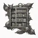 A mysterious dotwork tattoo of a horror-themed bookshelf with hidden creatures tattoo design idea
