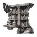 A mysterious dotwork tattoo of a horror-themed bookshelf with hidden creatures tattoo design idea