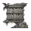A mysterious dotwork tattoo of a horror-themed bookshelf with hidden creatures tattoo design idea