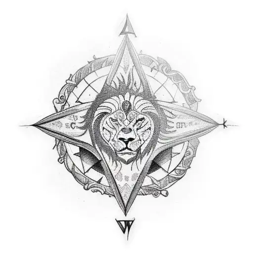 An intricate compass design with elements of exploration and adventure featuring a lion and eagle tattoo design idea
