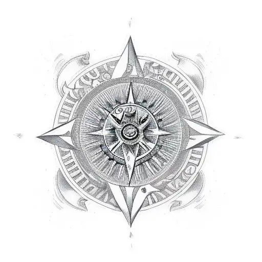 An intricate compass design with elements of exploration and adventure featuring a lion and eagle tattoo design idea