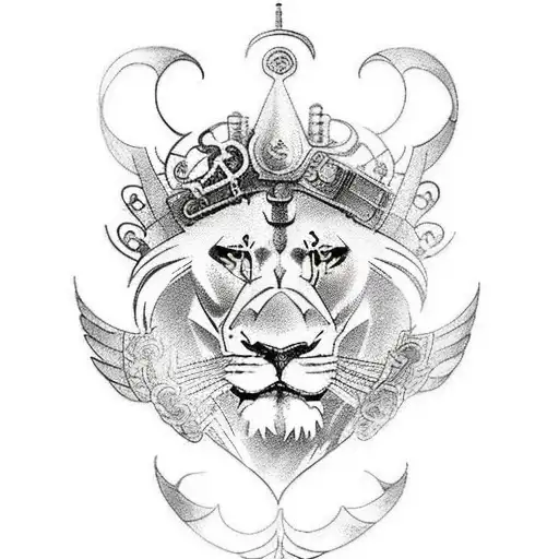 A steampunk-inspired half-sleeve tattoo with lion and eagle gears symbolizing coordination and precision tattoo design idea