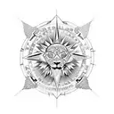 An intricate compass design with elements of exploration and adventure featuring a lion and eagle tattoo design idea