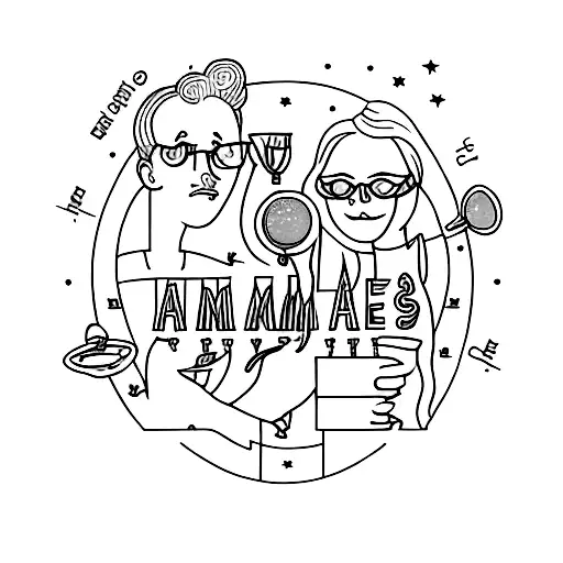 A minimalist tattoo of a group of friends to represent 'Mes amies', with each friend holding a different cocktail glass to incorporate your passion for 'Alcool' tattoo design idea