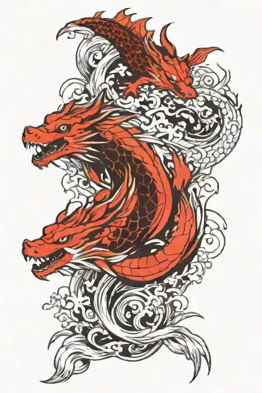 dragon and koi fish, kitsune fox fire  tattoo design idea
