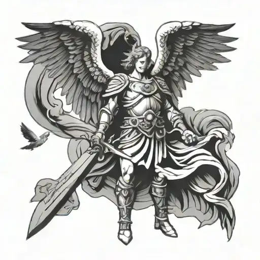 Archangel Michael with a sword and wings against a sky of doves tattoo design idea