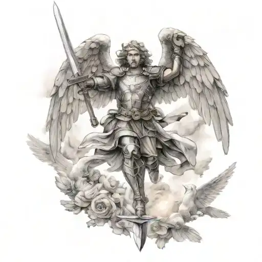 Archangel Michael flies up with a sword against the background of the sky and doves tattoo design idea