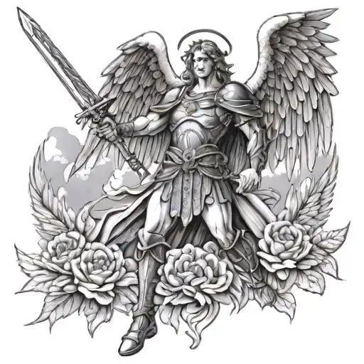 Archangel Michael with a sword and wings against a sky of doves tattoo design idea