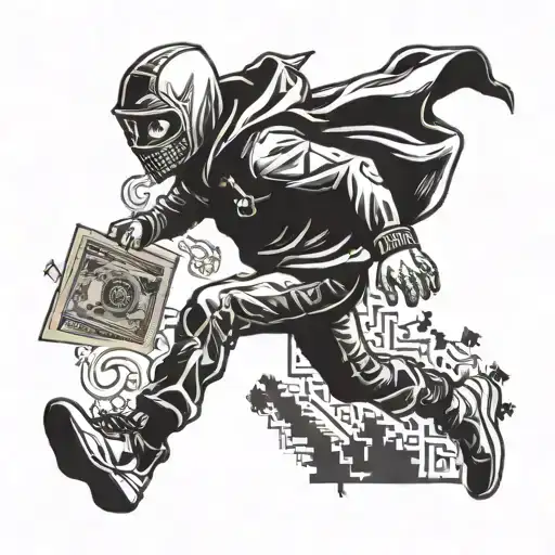 guy with mask running from corner storea after robbery holding money bags tattoo design idea