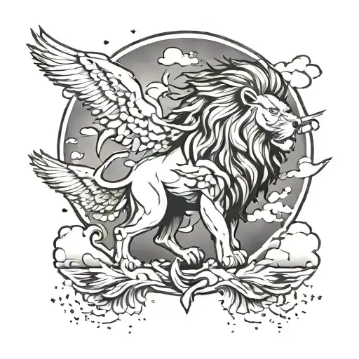 majestic roaring lion with doves flying and clouds  tattoo design idea