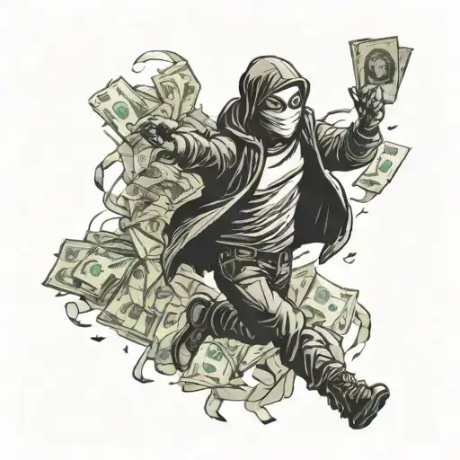 guy with mask running from corner storea after robbery holding money bags tattoo design idea