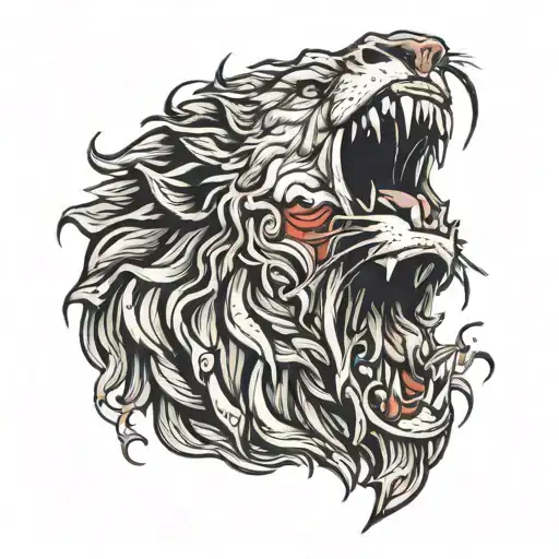evil lion roaring with blood smoke  tattoo design idea