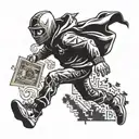 guy with mask running from corner storea after robbery holding money bags tattoo design idea