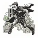 guy with mask running from corner storea after robbery holding money bags tattoo design idea