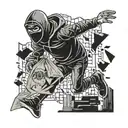 guy with mask running from corner storea after robbery holding money bags tattoo design idea