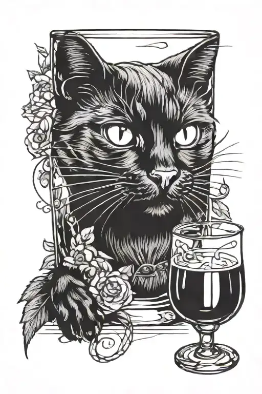 black cat and whiskey glass tattoo design idea