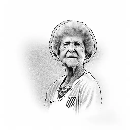 A detailed portrait of the client's grandmother in a sports jersey of Atletico de Madrid tattoo design idea