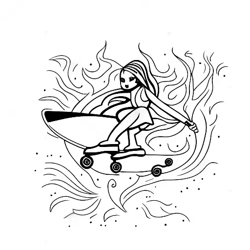 skate, flames background, reverse cross, vertical, cute girl, full body tattoo design idea