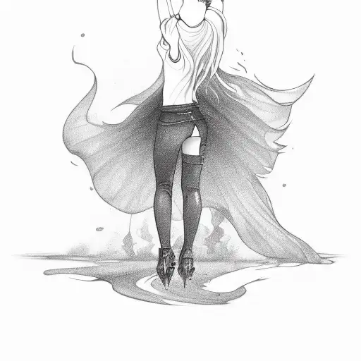 skaate, flames background, reverse cross, vertical, cute girl, full body tattoo design idea