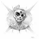 skate, flames background, reverse cross, vertical, cute girl, full body tattoo design idea