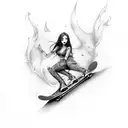 skate, flames background, reverse cross, vertical, cute girl, full body tattoo design idea