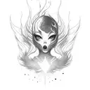 skate, flames background, reverse cross, vertical, cute girl, full body tattoo design idea