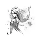 skaate, flames background, reverse cross, vertical, cute girl, full body tattoo design idea