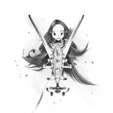 skate, flames background, reverse cross, vertical, cute girl, full body tattoo design idea