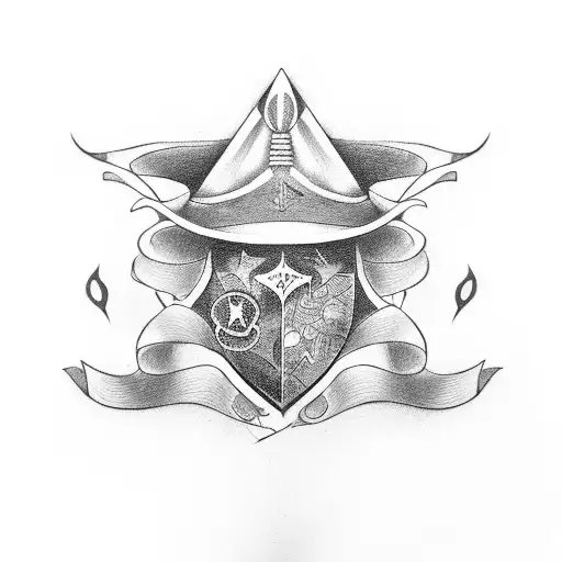 Design a black-grey tattoo featuring the Sorting Hat and a psychology symbol, representing the psychological journey within the magical world of Harry Potter. tattoo design idea