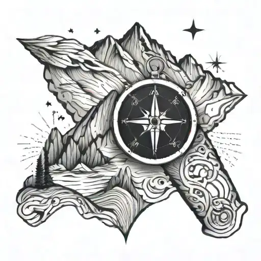arm circumference, drill, mountains, compass tattoo design idea