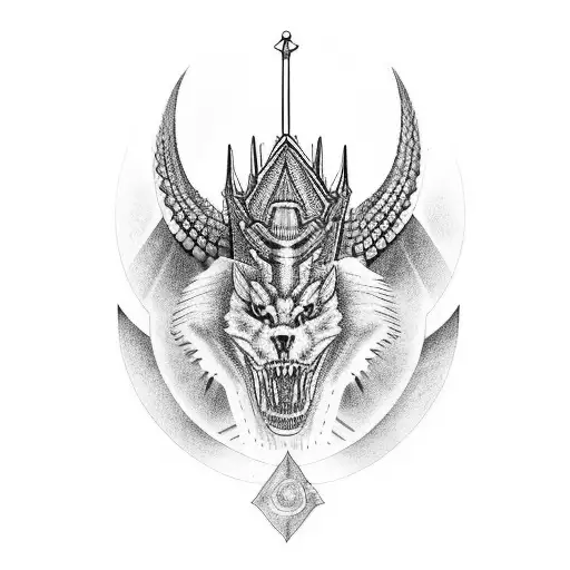 Rosto de um dragão com um simbolo Ankh em cima com espinhos em volta tattoo design idea