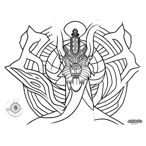 Rosto de um dragão com um simbolo Ankh em cima com espinhos em volta tattoo design idea