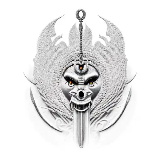 Rosto de um dragão com um simbolo Ankh em cima com espinhos em volta tattoo design idea