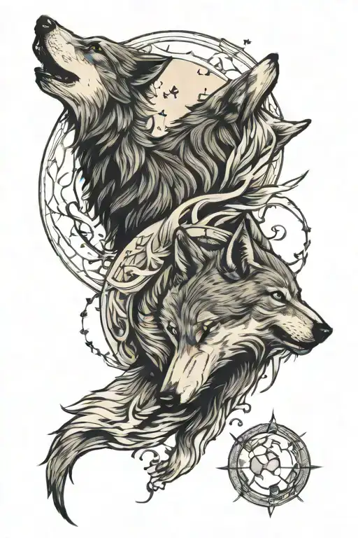 Draw two wolves chasing each other around the moon and stars   tattoo design idea