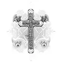 A tattoo of a cross adorned with intricate blackwork patterns and surrounded by animals tattoo design idea